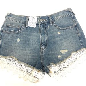 FREE PEOPLE Distressed Lace Trim Denim Shorts